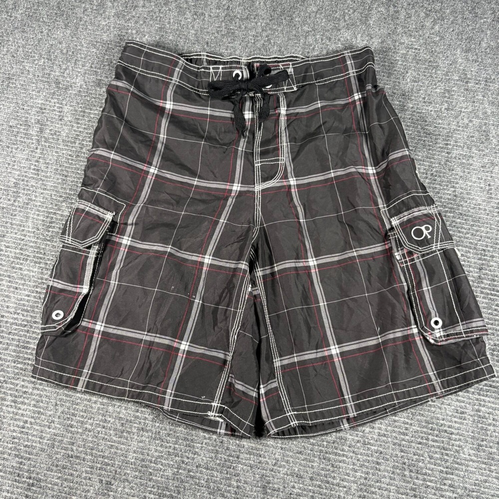 OP Board Shorts Mens M Black Excellent Plaid Cargo Swim Trunks Surf Skate